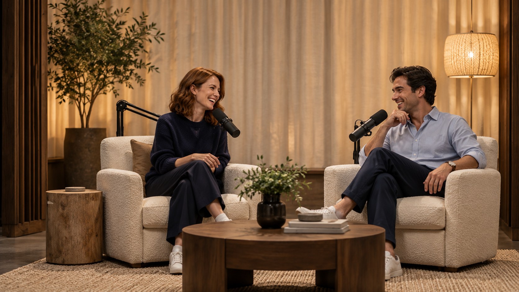 Twee fictieve gasten in een lichte podcastsetting